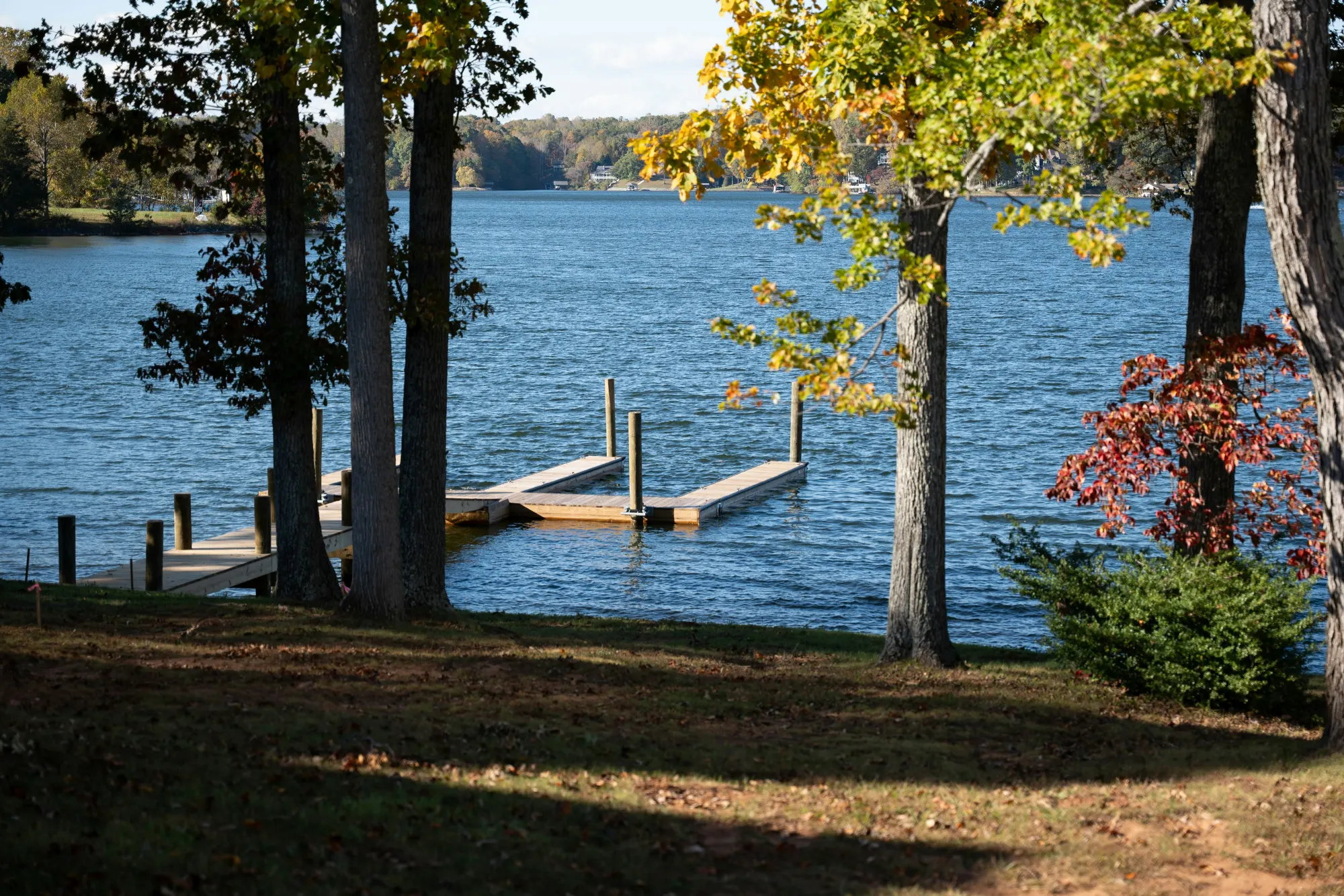 Wooden dock on Smith Mountain Lake surrounded by trees near Goodview, Virginia
