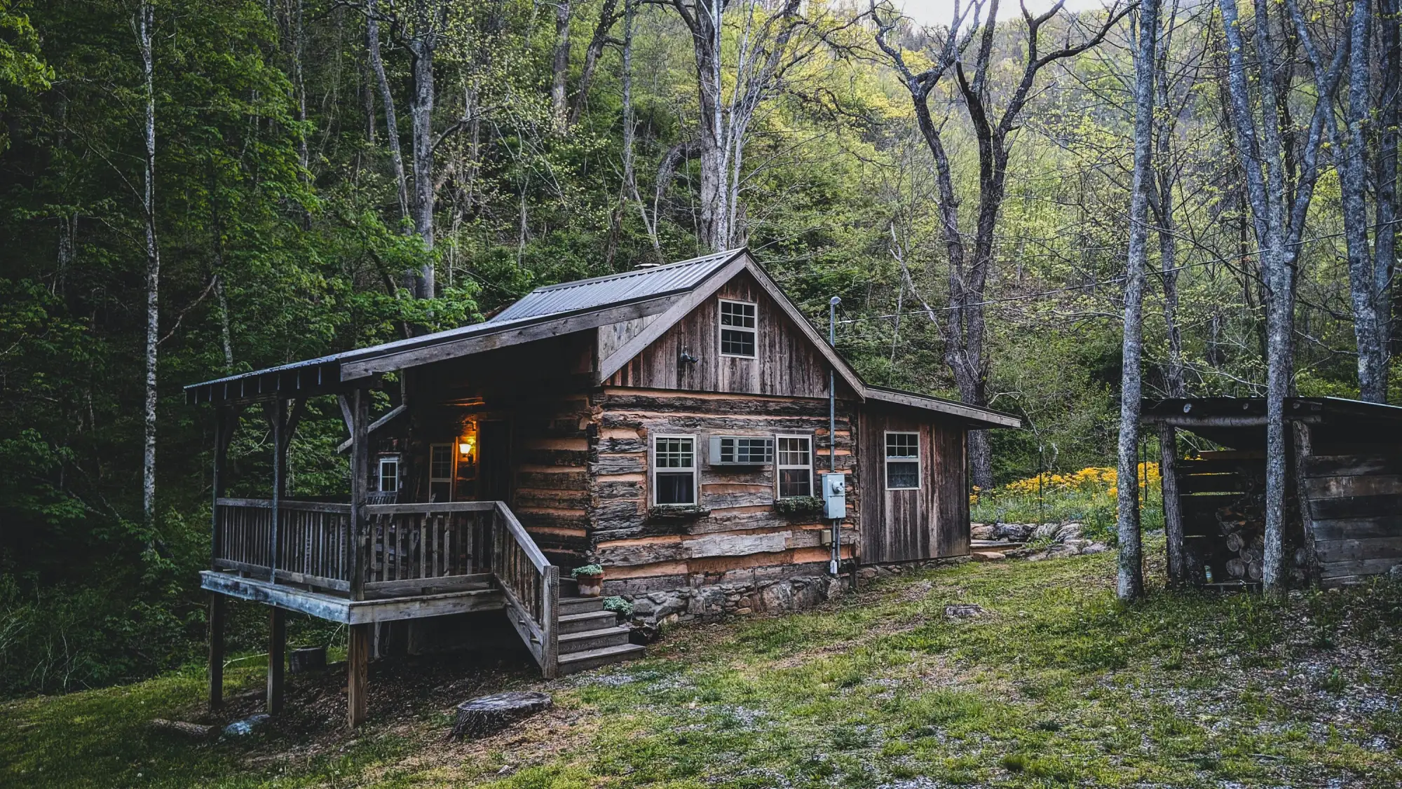 A log cabin in the woods in Leicester, North Carolina