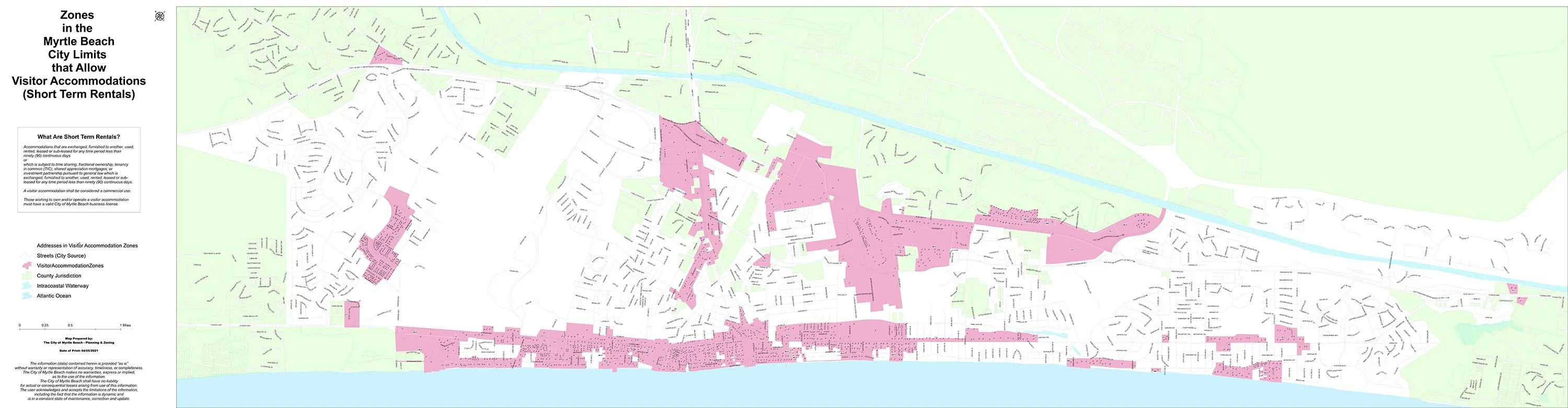 City of Myrtle Beach map of zones that allow visitor accommodations (short-term rentals), shaded pink