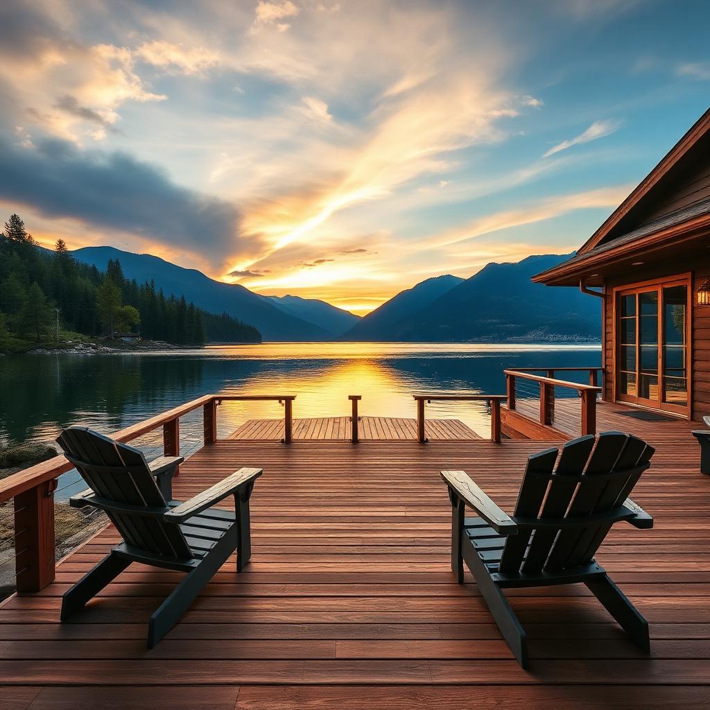 A quiet deck with two chairs facing the water at sunset