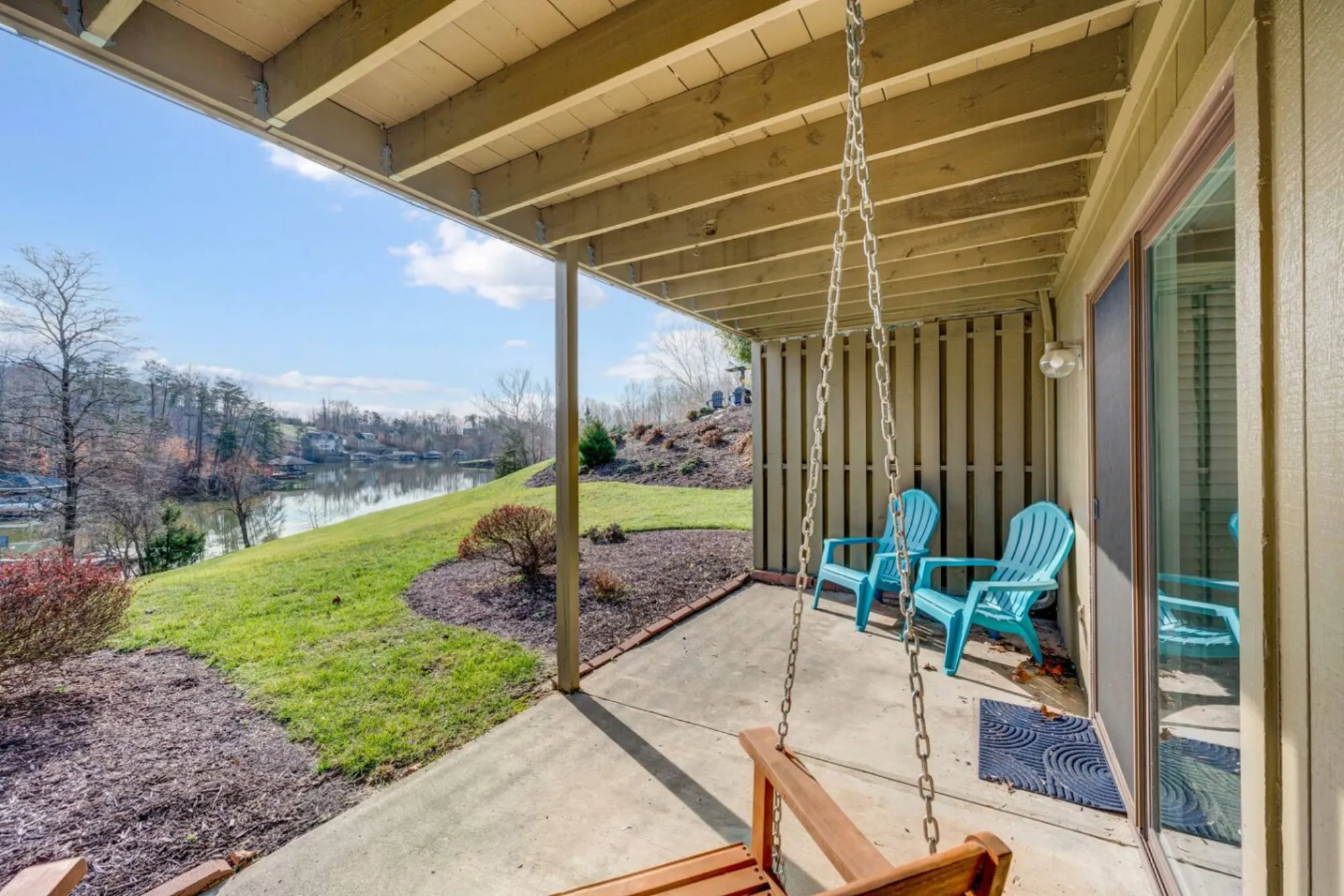 Lake view from the covered porch of a Leisr Stays managed property in Goodview, Virginia, at Smith Mountain Lake