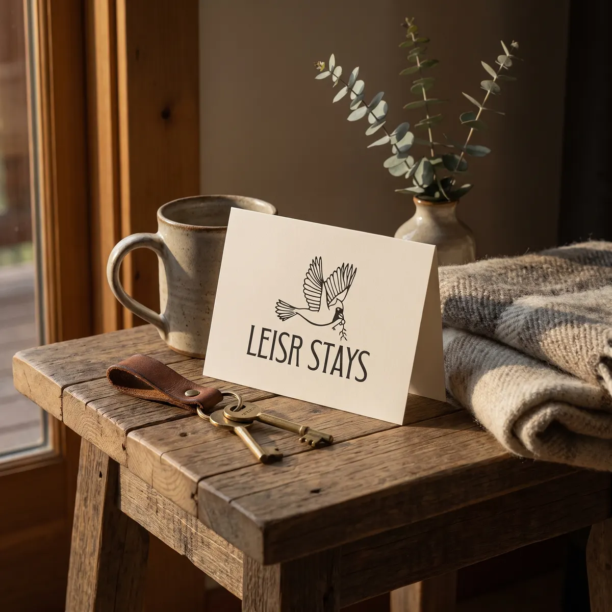 A Leisr Stays welcome card, house keys on a leather fob and a folded throw waiting on a table by the door