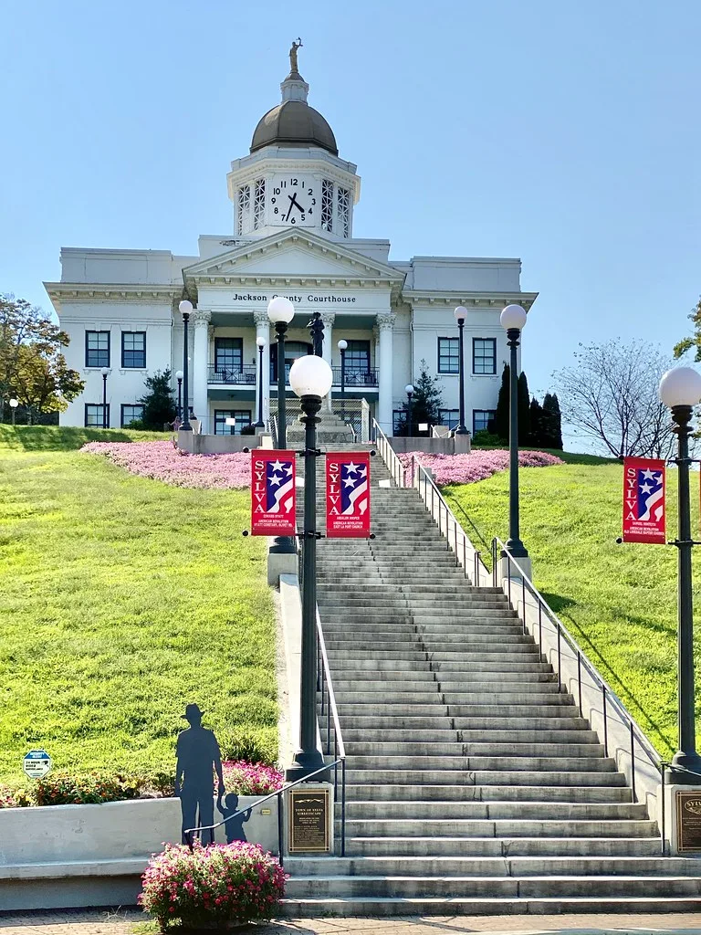 The historic Jackson County Courthouse on Main Street in Sylva, North Carolina