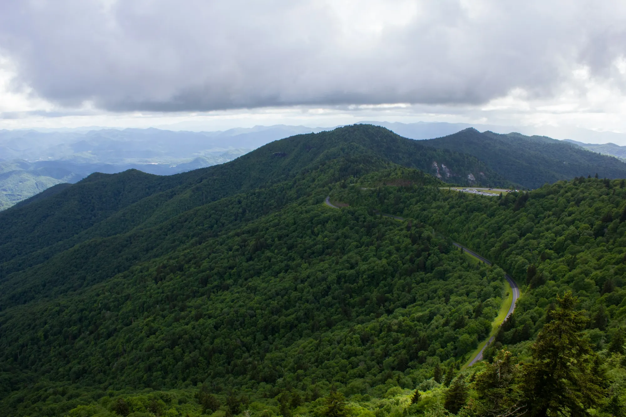 Winding mountain road along the Blue Ridge Parkway near Cherokee, North Carolina, minutes from Whittier